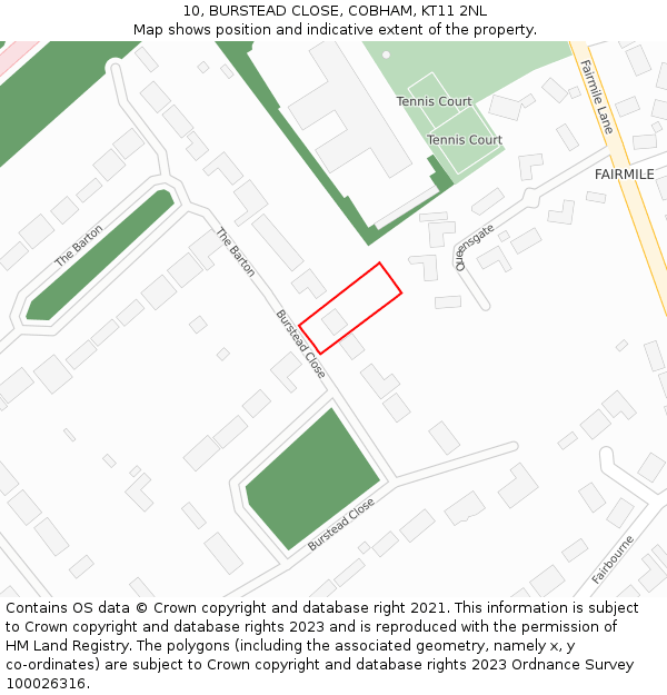 10, BURSTEAD CLOSE, COBHAM, KT11 2NL: Location map and indicative extent of plot