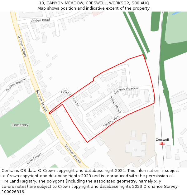 10, CANYON MEADOW, CRESWELL, WORKSOP, S80 4UQ: Location map and indicative extent of plot