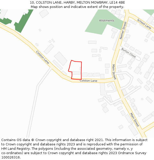 10, COLSTON LANE, HARBY, MELTON MOWBRAY, LE14 4BE: Location map and indicative extent of plot