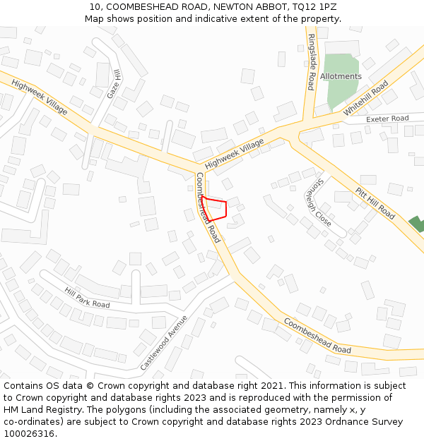 10, COOMBESHEAD ROAD, NEWTON ABBOT, TQ12 1PZ: Location map and indicative extent of plot