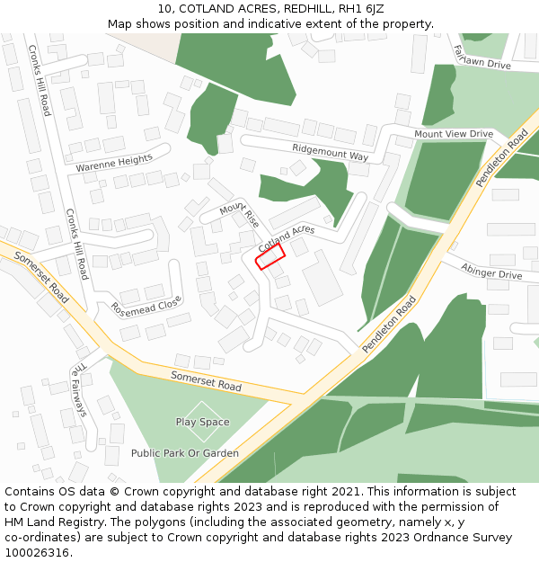 10, COTLAND ACRES, REDHILL, RH1 6JZ: Location map and indicative extent of plot