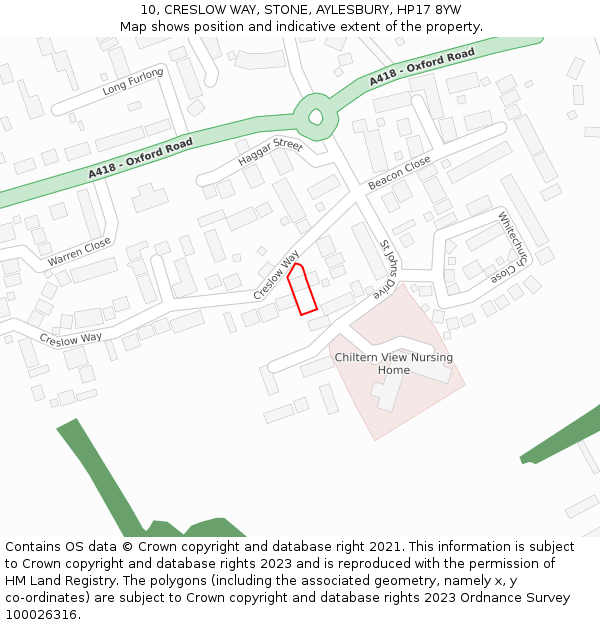 10, CRESLOW WAY, STONE, AYLESBURY, HP17 8YW: Location map and indicative extent of plot