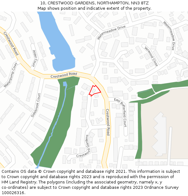 10, CRESTWOOD GARDENS, NORTHAMPTON, NN3 8TZ: Location map and indicative extent of plot