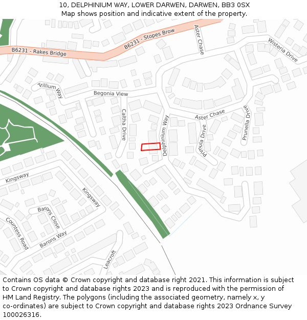 10, DELPHINIUM WAY, LOWER DARWEN, DARWEN, BB3 0SX: Location map and indicative extent of plot