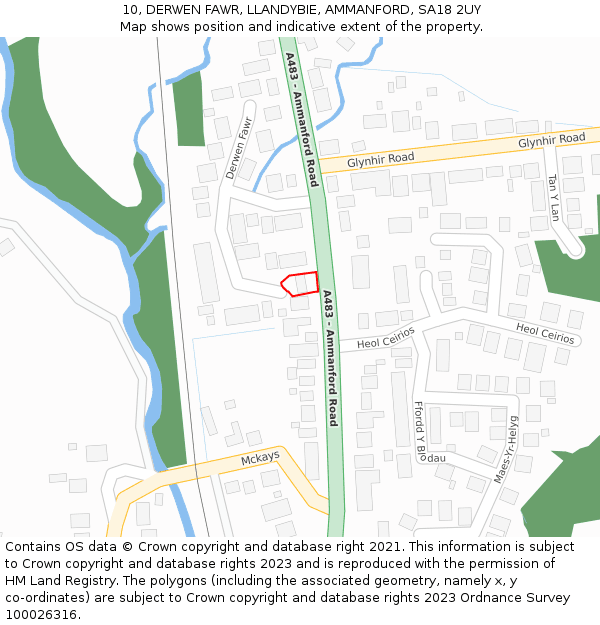 10, DERWEN FAWR, LLANDYBIE, AMMANFORD, SA18 2UY: Location map and indicative extent of plot