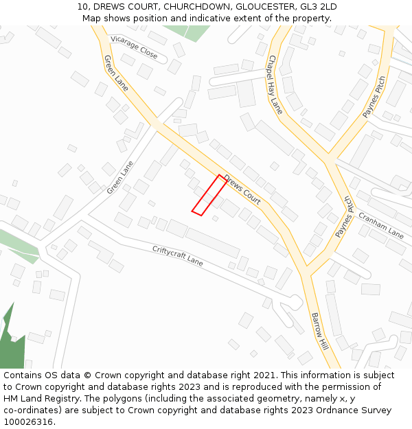 10, DREWS COURT, CHURCHDOWN, GLOUCESTER, GL3 2LD: Location map and indicative extent of plot