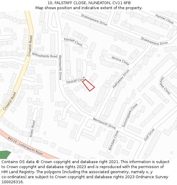 10, FALSTAFF CLOSE, NUNEATON, CV11 6FB: Location map and indicative extent of plot