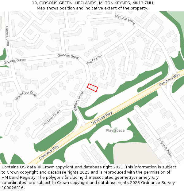 10, GIBSONS GREEN, HEELANDS, MILTON KEYNES, MK13 7NH: Location map and indicative extent of plot