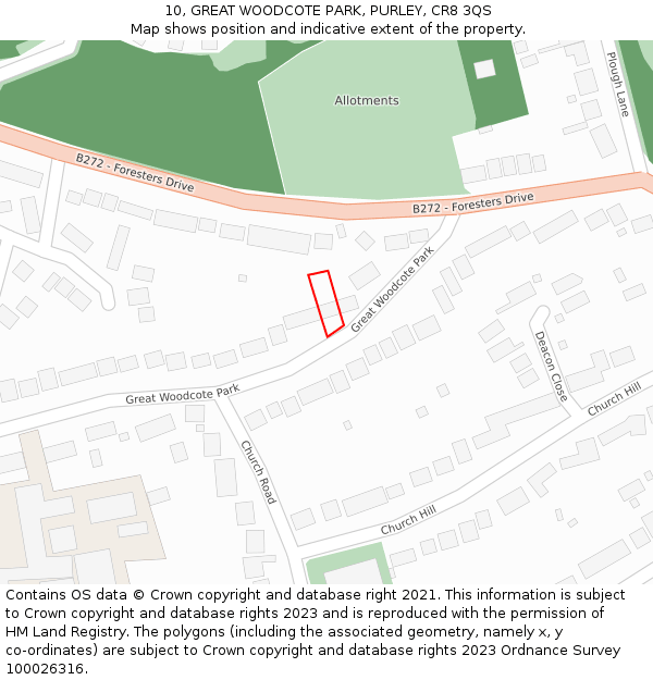 10, GREAT WOODCOTE PARK, PURLEY, CR8 3QS: Location map and indicative extent of plot