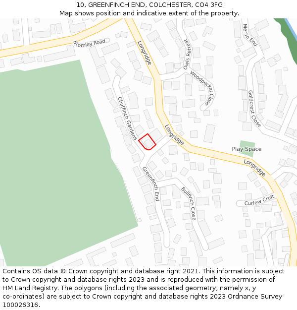 10, GREENFINCH END, COLCHESTER, CO4 3FG: Location map and indicative extent of plot