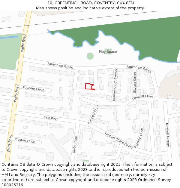 10, GREENFINCH ROAD, COVENTRY, CV4 8EN: Location map and indicative extent of plot