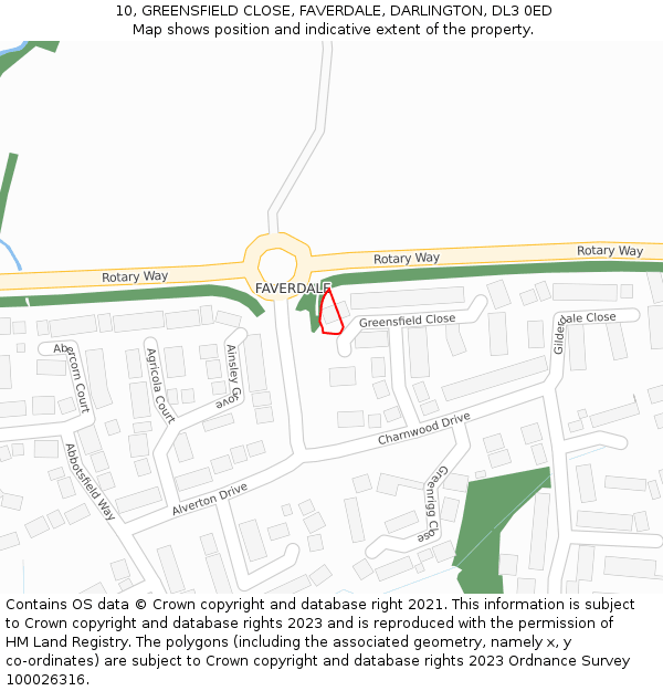 10, GREENSFIELD CLOSE, FAVERDALE, DARLINGTON, DL3 0ED: Location map and indicative extent of plot