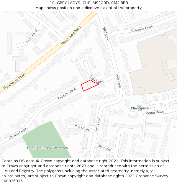 10, GREY LADYS, CHELMSFORD, CM2 8RB: Location map and indicative extent of plot