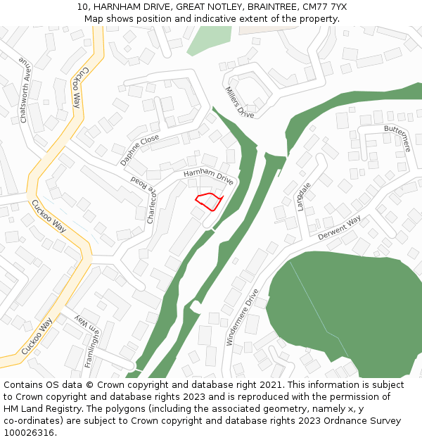 10, HARNHAM DRIVE, GREAT NOTLEY, BRAINTREE, CM77 7YX: Location map and indicative extent of plot