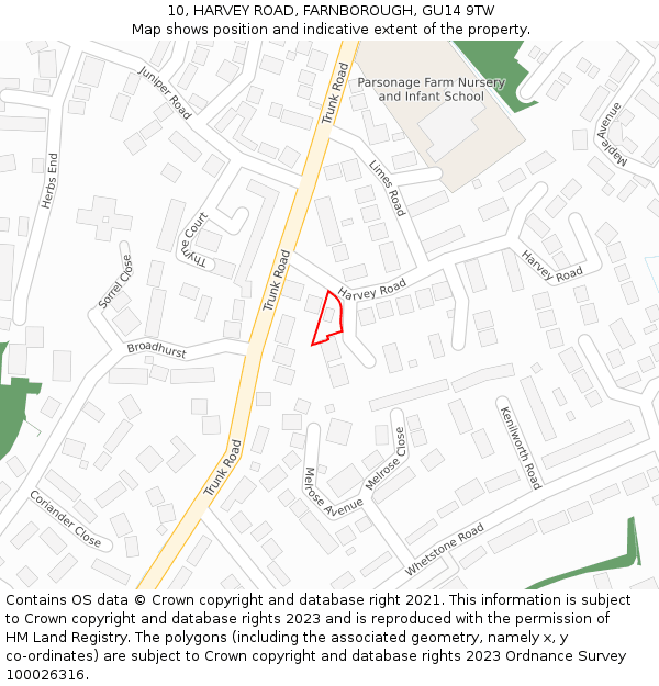 10, HARVEY ROAD, FARNBOROUGH, GU14 9TW: Location map and indicative extent of plot