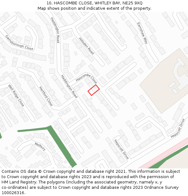 10, HASCOMBE CLOSE, WHITLEY BAY, NE25 9XQ: Location map and indicative extent of plot