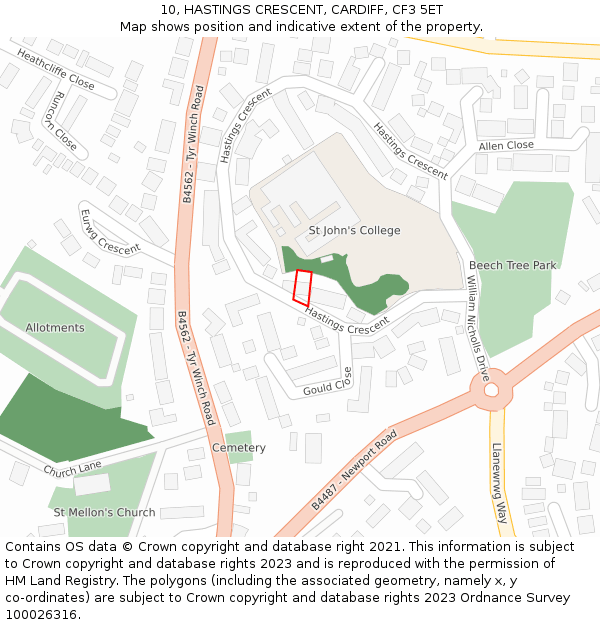 10, HASTINGS CRESCENT, CARDIFF, CF3 5ET: Location map and indicative extent of plot