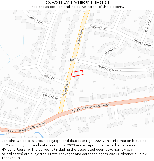 10, HAYES LANE, WIMBORNE, BH21 2JE: Location map and indicative extent of plot