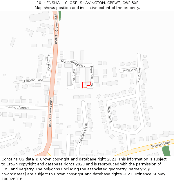 10, HENSHALL CLOSE, SHAVINGTON, CREWE, CW2 5XE: Location map and indicative extent of plot