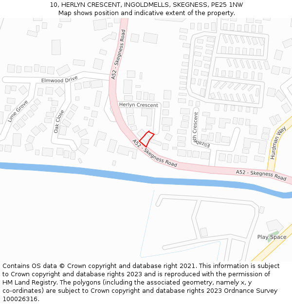 10, HERLYN CRESCENT, INGOLDMELLS, SKEGNESS, PE25 1NW: Location map and indicative extent of plot