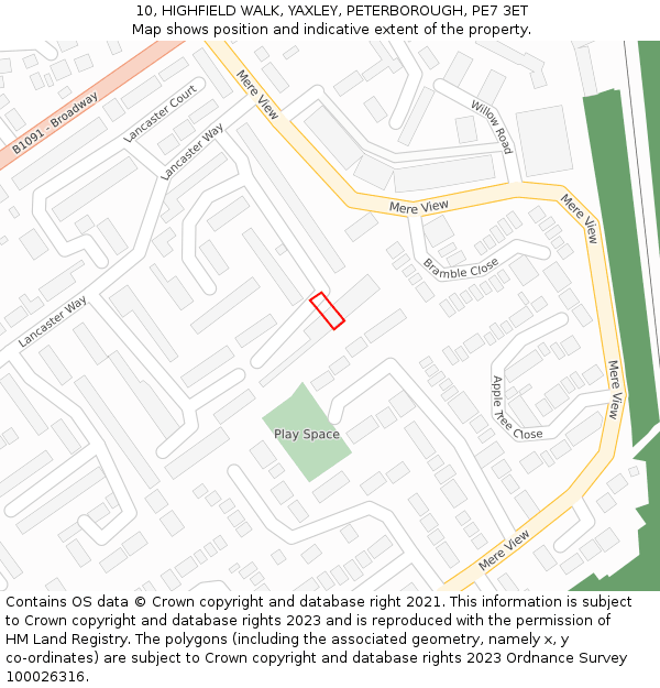 10, HIGHFIELD WALK, YAXLEY, PETERBOROUGH, PE7 3ET: Location map and indicative extent of plot