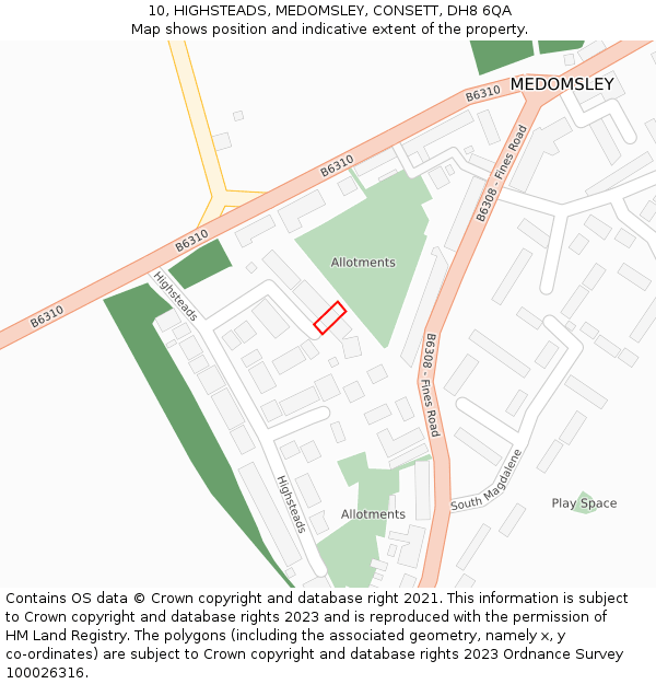 10, HIGHSTEADS, MEDOMSLEY, CONSETT, DH8 6QA: Location map and indicative extent of plot