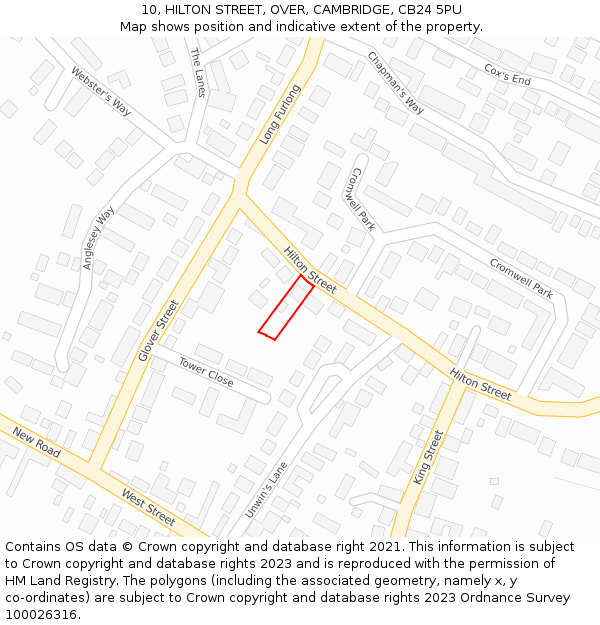 10, HILTON STREET, OVER, CAMBRIDGE, CB24 5PU: Location map and indicative extent of plot