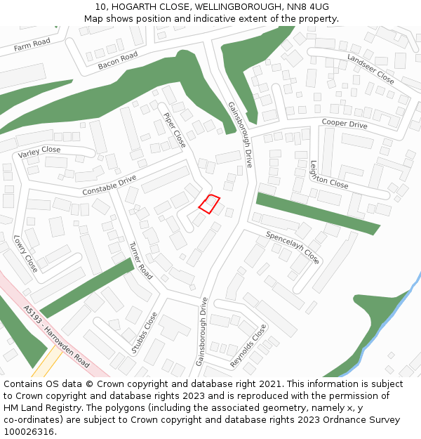 10, HOGARTH CLOSE, WELLINGBOROUGH, NN8 4UG: Location map and indicative extent of plot