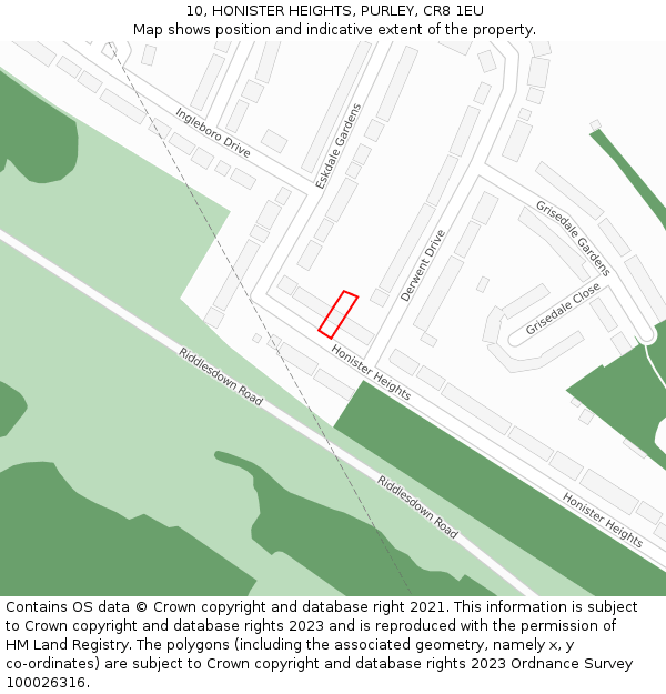 10, HONISTER HEIGHTS, PURLEY, CR8 1EU: Location map and indicative extent of plot