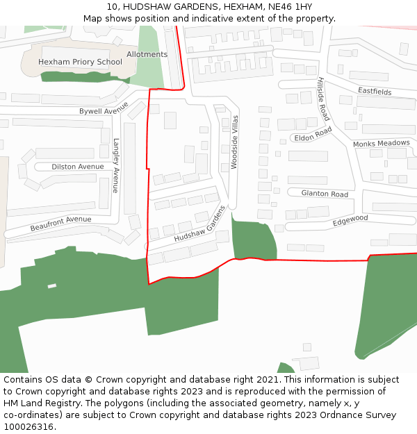 10, HUDSHAW GARDENS, HEXHAM, NE46 1HY: Location map and indicative extent of plot