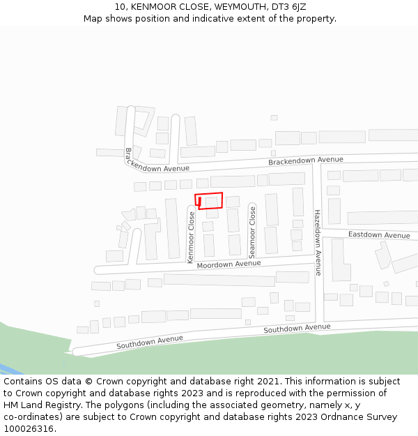 10, KENMOOR CLOSE, WEYMOUTH, DT3 6JZ: Location map and indicative extent of plot