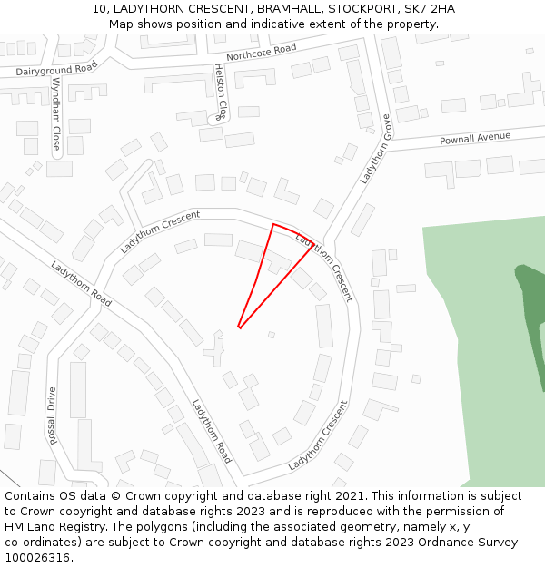 10, LADYTHORN CRESCENT, BRAMHALL, STOCKPORT, SK7 2HA: Location map and indicative extent of plot