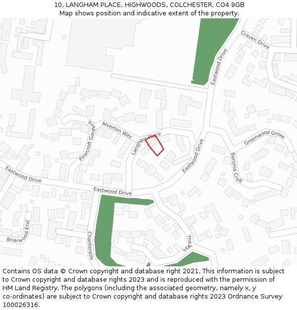 10, LANGHAM PLACE, HIGHWOODS, COLCHESTER, CO4 9GB: Location map and indicative extent of plot