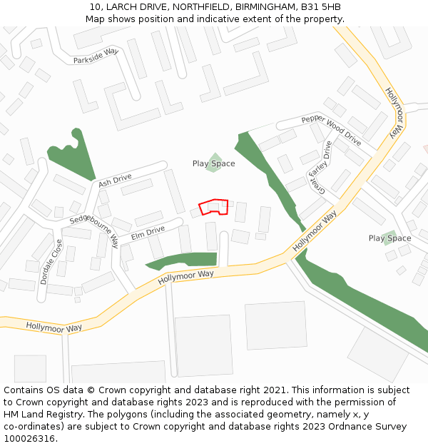 10, LARCH DRIVE, NORTHFIELD, BIRMINGHAM, B31 5HB: Location map and indicative extent of plot