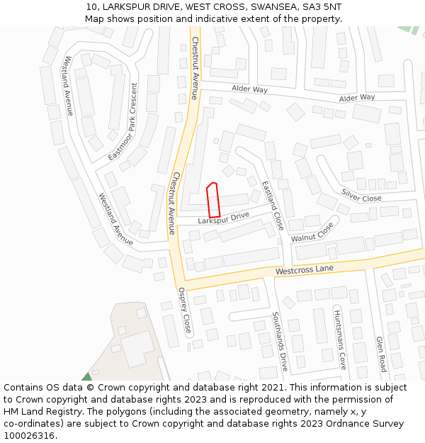 10, LARKSPUR DRIVE, WEST CROSS, SWANSEA, SA3 5NT: Location map and indicative extent of plot