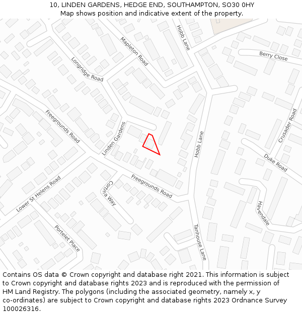 10, LINDEN GARDENS, HEDGE END, SOUTHAMPTON, SO30 0HY: Location map and indicative extent of plot