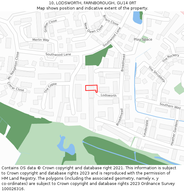 10, LODSWORTH, FARNBOROUGH, GU14 0RT: Location map and indicative extent of plot