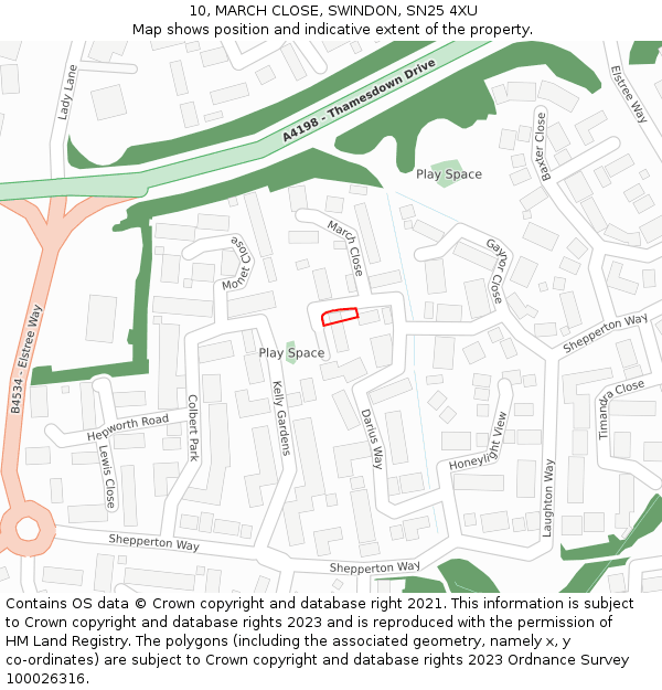 10, MARCH CLOSE, SWINDON, SN25 4XU: Location map and indicative extent of plot