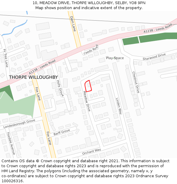 10, MEADOW DRIVE, THORPE WILLOUGHBY, SELBY, YO8 9PN: Location map and indicative extent of plot