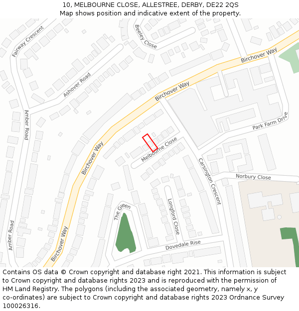 10, MELBOURNE CLOSE, ALLESTREE, DERBY, DE22 2QS: Location map and indicative extent of plot