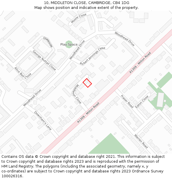 10, MIDDLETON CLOSE, CAMBRIDGE, CB4 1DG: Location map and indicative extent of plot