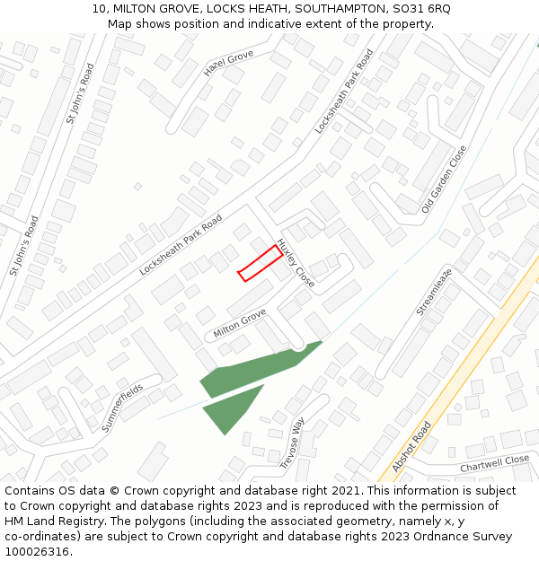 10, MILTON GROVE, LOCKS HEATH, SOUTHAMPTON, SO31 6RQ: Location map and indicative extent of plot