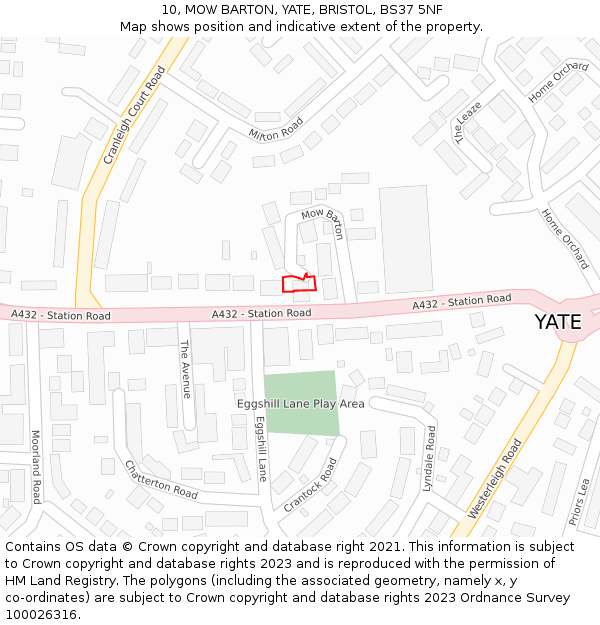 10, MOW BARTON, YATE, BRISTOL, BS37 5NF: Location map and indicative extent of plot