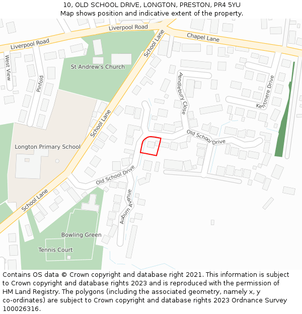 10, OLD SCHOOL DRIVE, LONGTON, PRESTON, PR4 5YU: Location map and indicative extent of plot