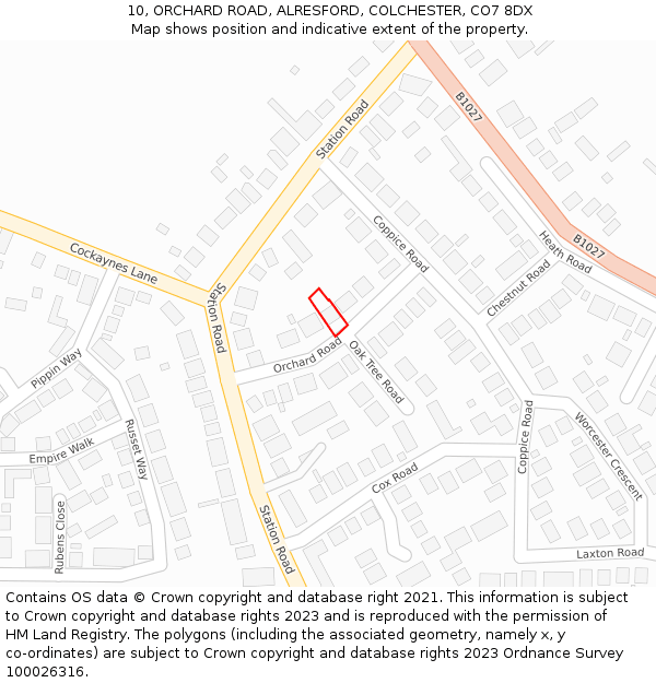 10, ORCHARD ROAD, ALRESFORD, COLCHESTER, CO7 8DX: Location map and indicative extent of plot