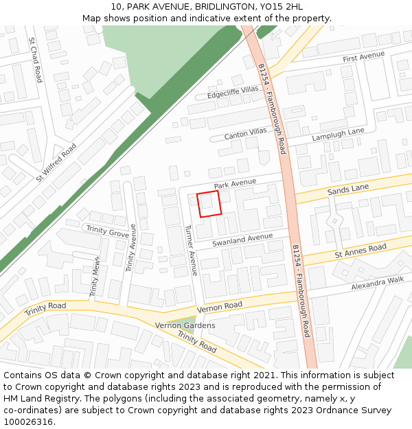 10, PARK AVENUE, BRIDLINGTON, YO15 2HL: Location map and indicative extent of plot