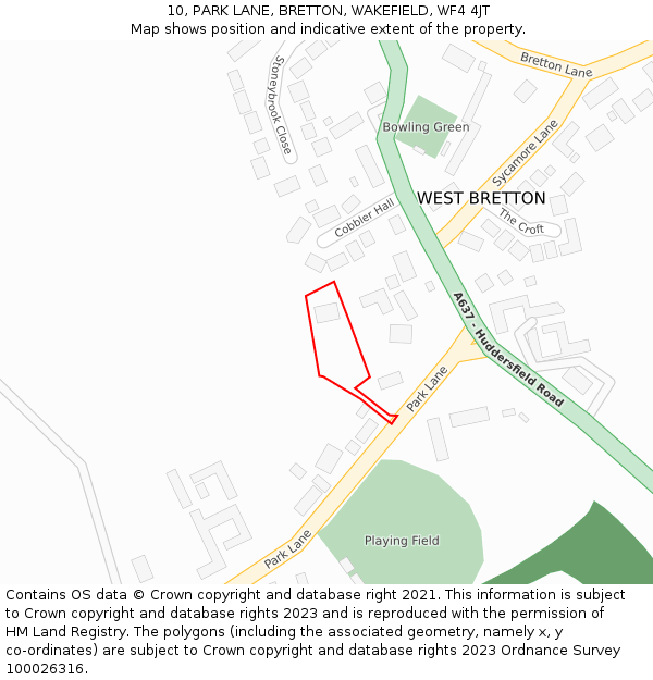 10, PARK LANE, BRETTON, WAKEFIELD, WF4 4JT: Location map and indicative extent of plot