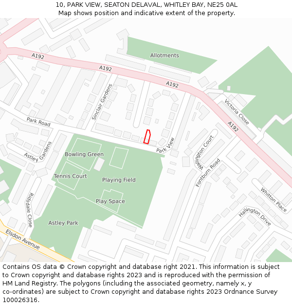 10, PARK VIEW, SEATON DELAVAL, WHITLEY BAY, NE25 0AL: Location map and indicative extent of plot