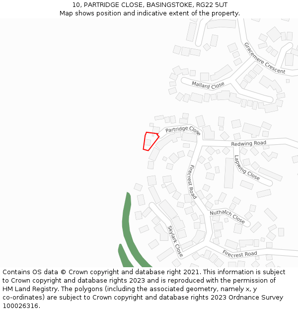 10, PARTRIDGE CLOSE, BASINGSTOKE, RG22 5UT: Location map and indicative extent of plot