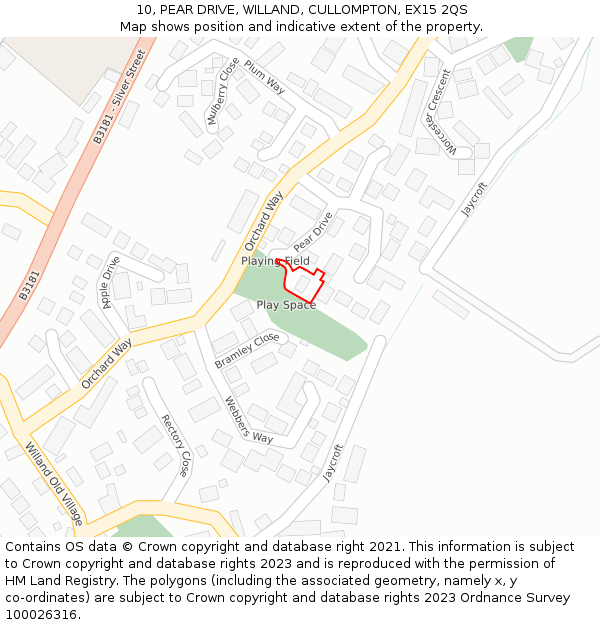 10, PEAR DRIVE, WILLAND, CULLOMPTON, EX15 2QS: Location map and indicative extent of plot